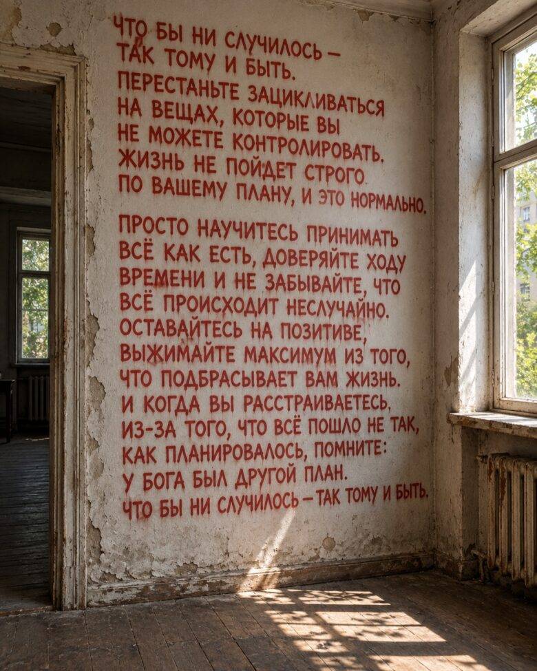 2026, заброшенная комната с красной надписью на стене