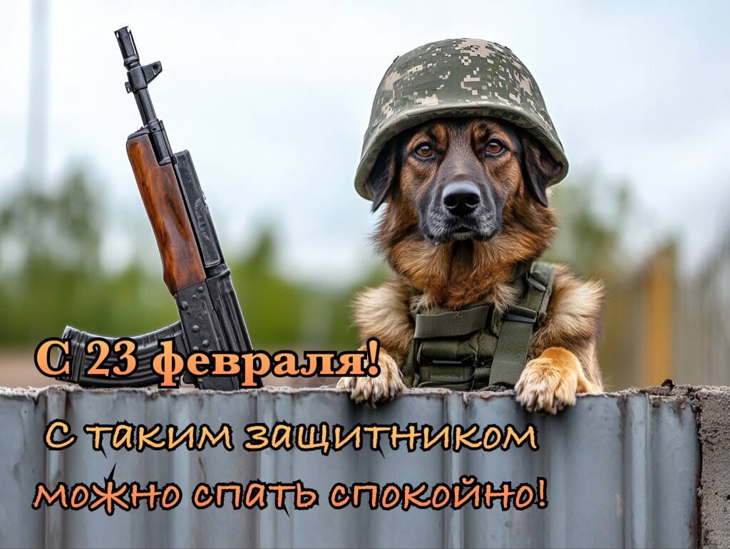 Собака-солдат в камуфляже с АК у бетонного барьера