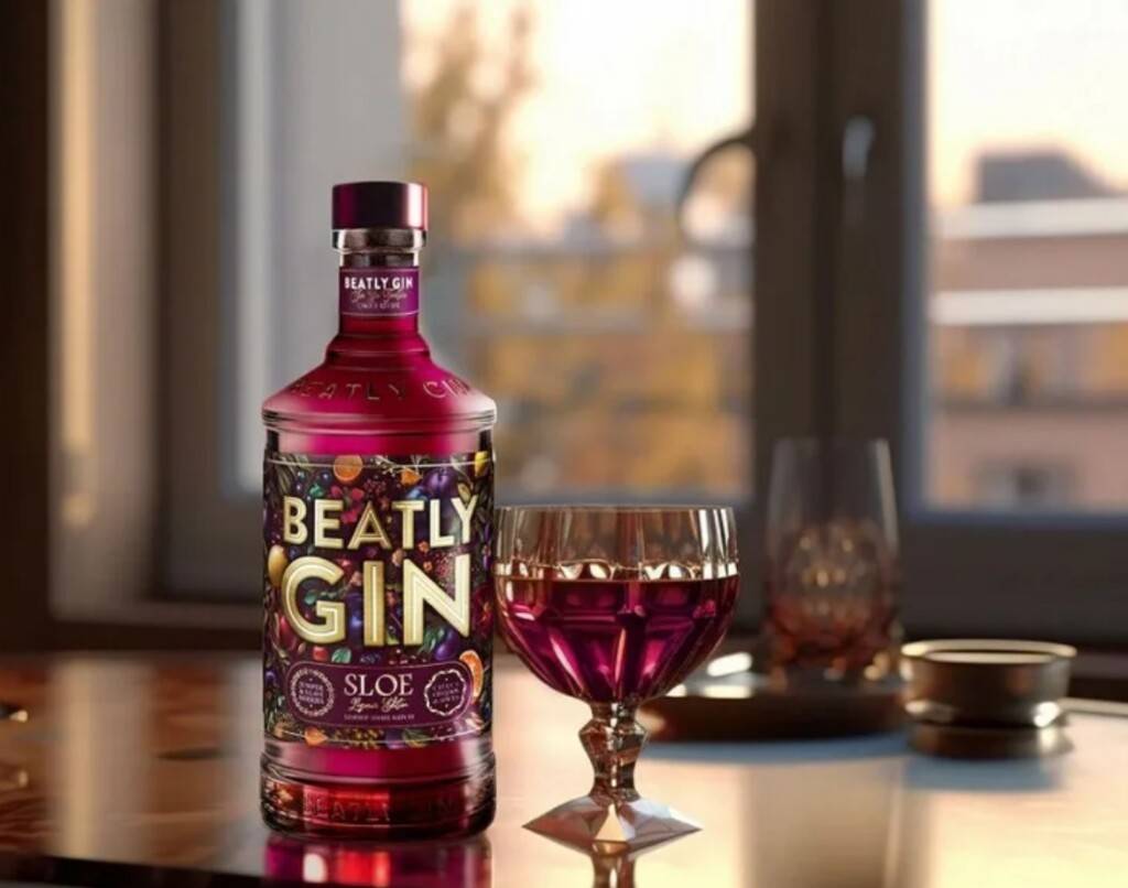Бутылка Beatly Gin «Sloe» на подоконнике с видом на город