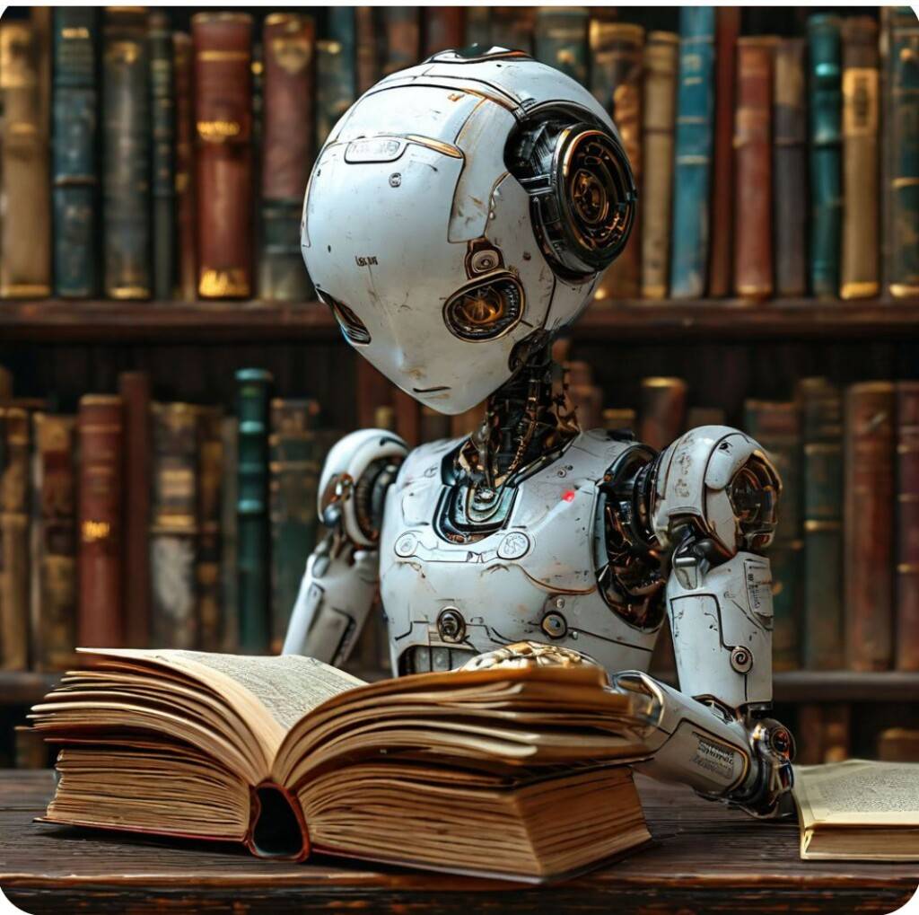 Девушка робот читает книги