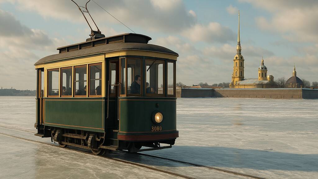 Трамвай №3080 по льду Невы у Петропавловской крепости