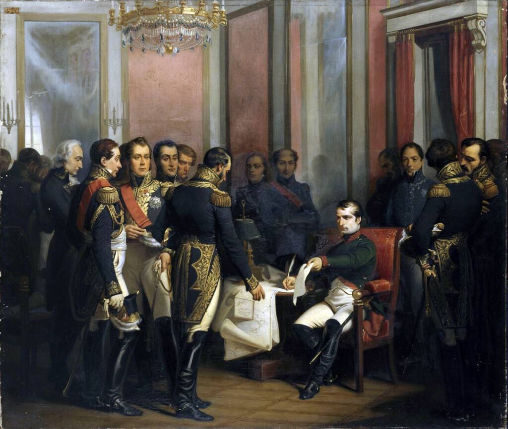 Париж, 1815: Наполеон подписывает капитуляцию в зале с хрустальной люстрой