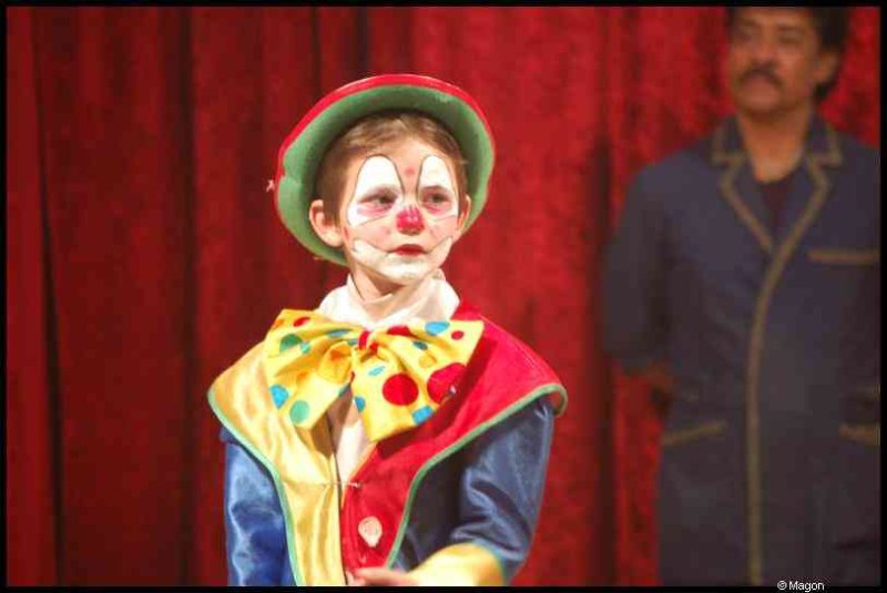 Клоун в шляпе с зелёной окантовкой на фоне красного занавеса в Cirque Бельгии
