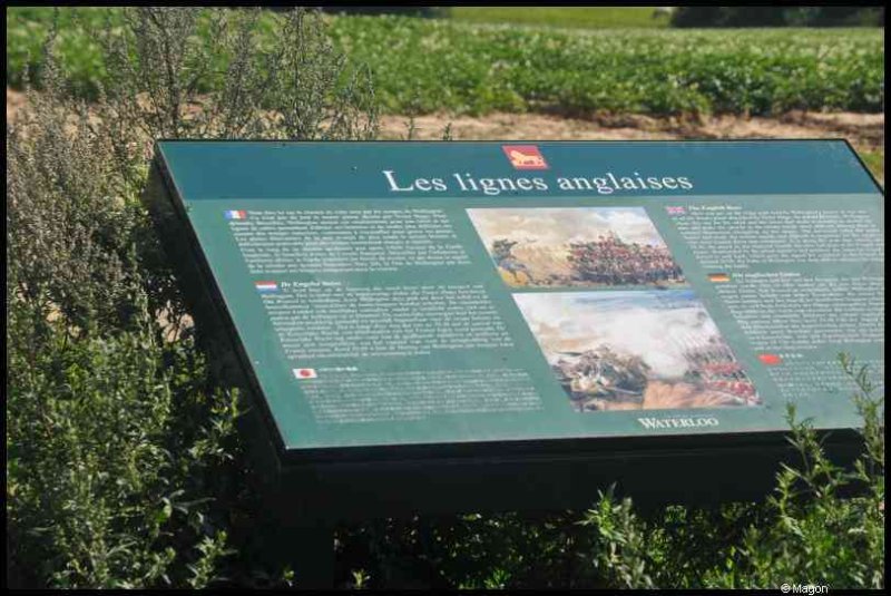 Табличка «Les lignes anglaises» на поле Ватерлоо, Бельгия