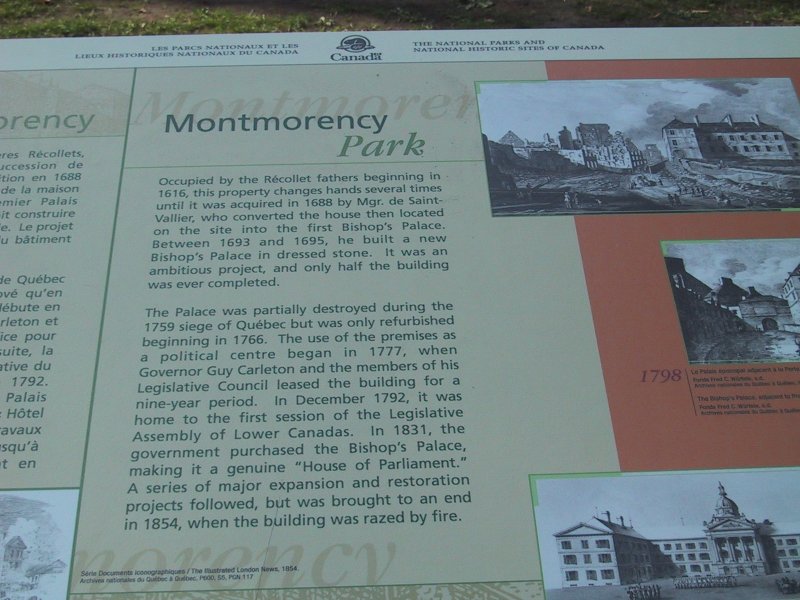 Монтморенси-парк: табличка о Бискупском дворце в Квебеке, 1798
