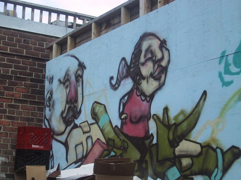 416 Graffiti Expo, Канада: мурал на деревянной доске с карикатурными фигурами
