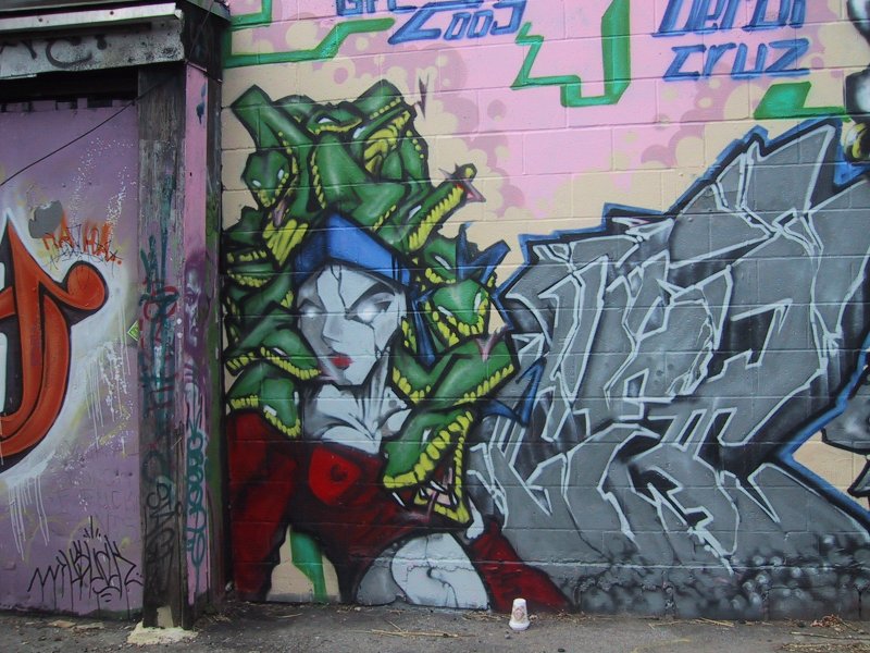 416 Grafitti Expo, Канада: зелёная Медуза и серая буря на кирпичной стене