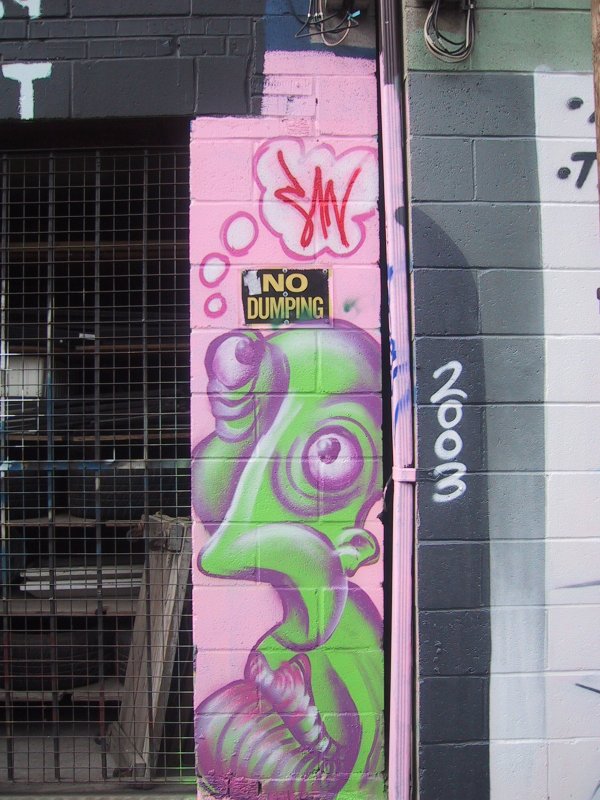 416 Grafitti Expo, Канада: розовая колонна с зелёным персонажем и табличкой «NO DUMPING»