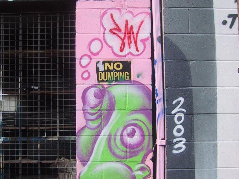 416 Grafitti Expo, Канада: розовая колонна с зелёным персонажем и табличкой «NO DUMPING»