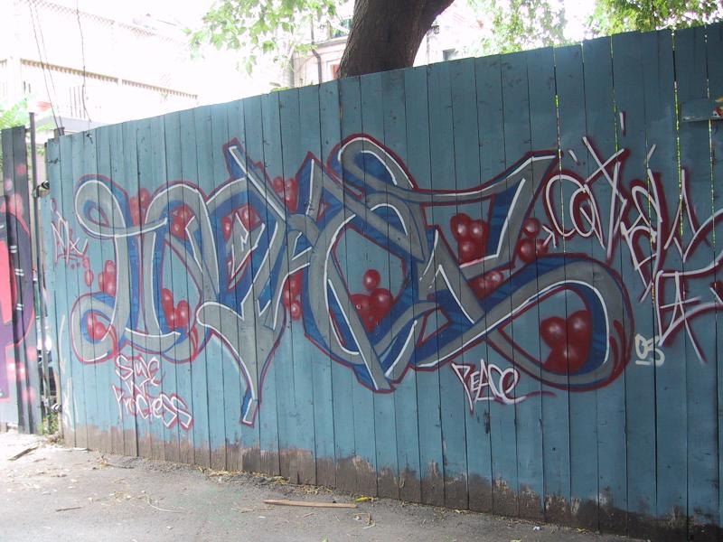 416 Grafitti Expo, Канада: синий забор с бурлящим граффити и надписями «Swee Process» и «Peace»