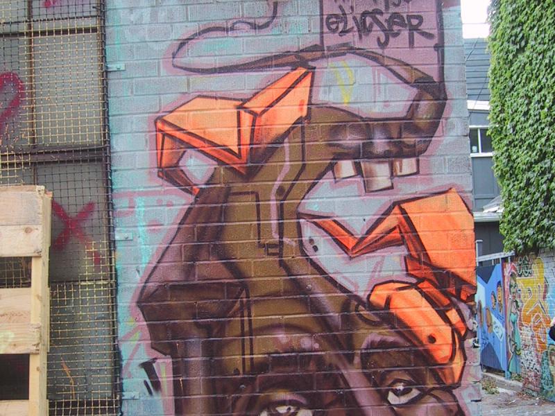 416 Grafitti Expo, Канада: фрагмент стены с граффити и надписью «Shouts 2 the Wise Elvise»
