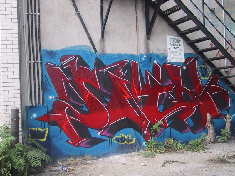 416 Grafitti Expo, Канада: красный брейкстайл на синем фоне у пожарной лестницы
