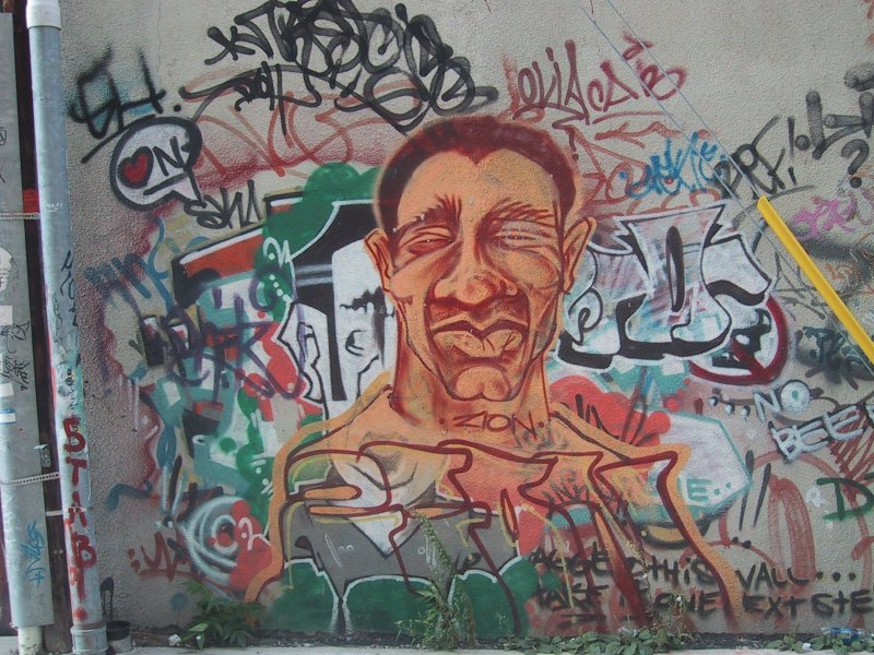 416 Grafitti Expo, Канада: карикатура на стене, окружённая брызгами краски и надписями