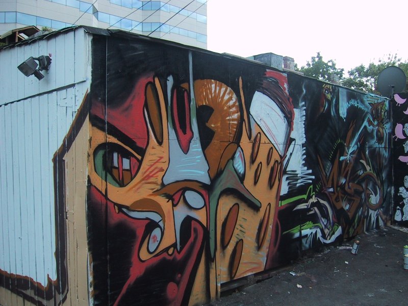 416 Grafitti Expo, Канада: стена с абстрактным граффити в тени офисного здания