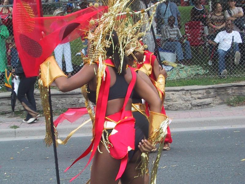 Caribana 2003 в Торонто: танцор в красно-золотом костюме с флагом-лилией