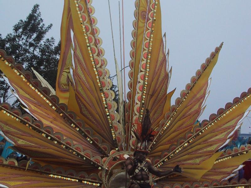 Caribana 2003 в Торонто: гигантский павлин с золотистыми перьями и бронзовым танцором