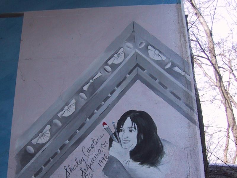 Мурал на стене вMisc, Канада, 1996: «Shirley Caroline Sequeira» с кистью и карандашом