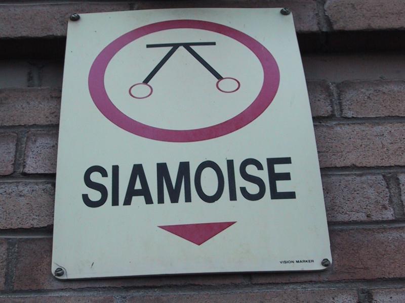Знак с надписью 'SIAMOISE' и символом тележки на кирпичной стене