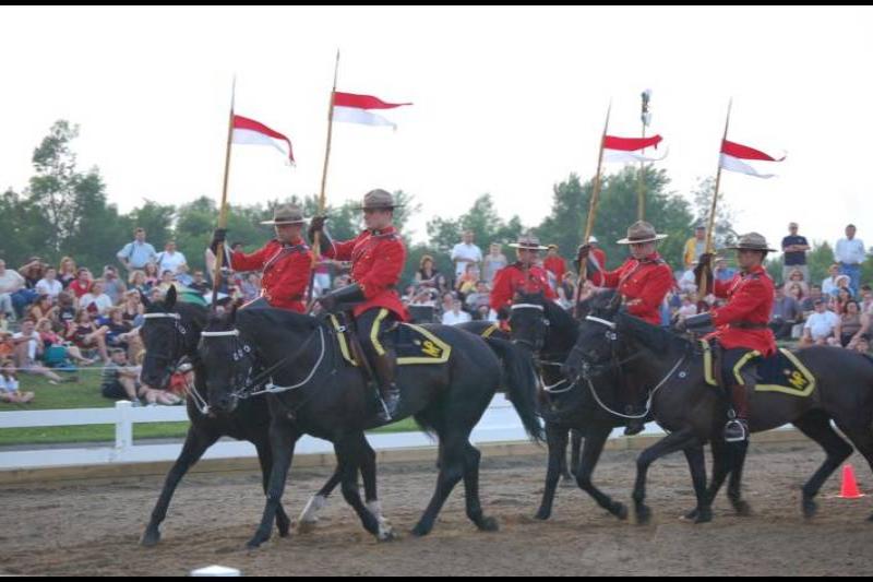 RCMP в красных мундирах на черных лошадях в Канаде