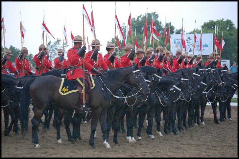 RCMP в красных мундирах и чёрных лошадях на поле в Канаде