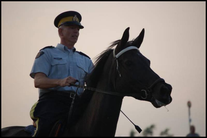 RCMP-полицейский на коне в Канаде, сумерки