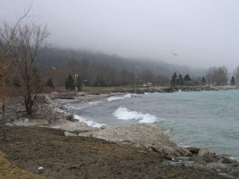 Scarborough Bluffs, Канада: туман над скалистым берегом и волнами