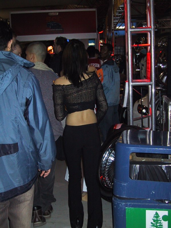 Toronto Autoshow 2004: женщина в кружевном топе у стойки Castrol