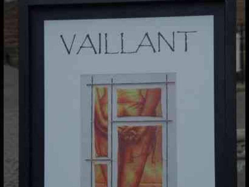 Чёрная рамка с вывеской «VAILLANT» и изображением окна с оранжевыми оттенками