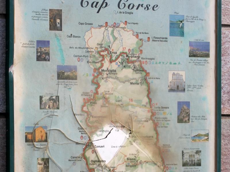 Кап-Корс, Корсика, 2008: карта с фотографиями и надписью «Bienvenue dans le Cap Corse»