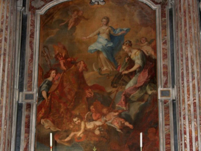 Бастия, Корсика, 2008: алтарь с барочным полотном и статуей Мадонны
