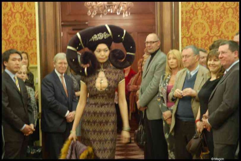 Люксембург, 13 января 2011: женщина в шляпе-рогах среди гостей в барочном зале