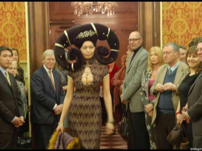 Люксембург, 13 января 2011: женщина в шляпе-рогах среди гостей в барочном зале