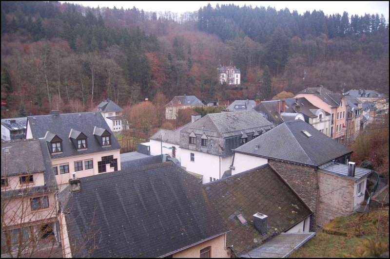 Clervaux, Люксембург: крыши и лес на склоне