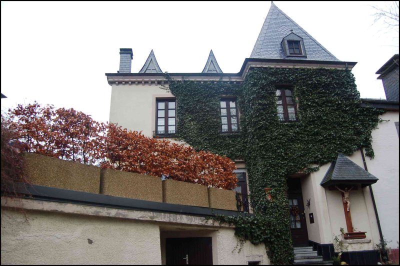 Дом в Clervaux, Люксембург: башня с черепичной крышей и плющем на фасаде