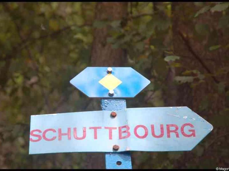 Синий дорожный знак с надписью Schuttbourg и желтым ромбом