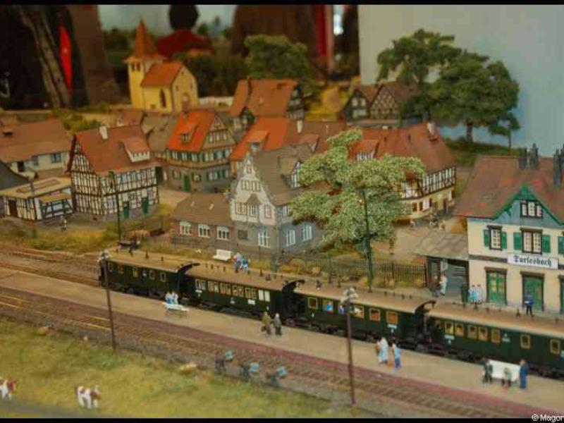 Expo train 2010, Люксембург: миниатюрная станция Zürichbach с поездом и деревянными домами