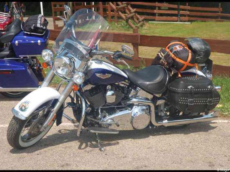 Сине-белый мотоцикл Harley-Davidson с багажом на заднем сиденье и боковыми сумками