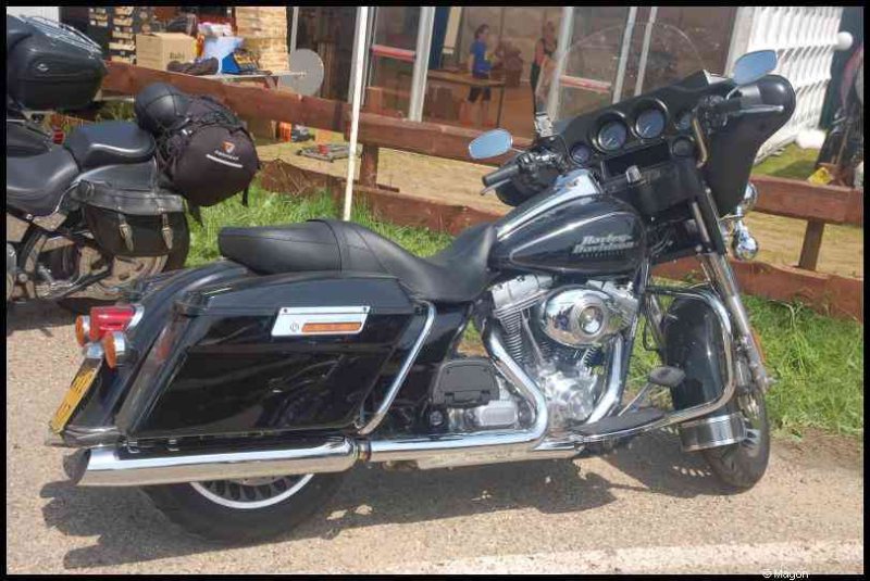 Hog, Люксембург, 2010: чёрный Harley-Davidson с багажниками у деревянного забора