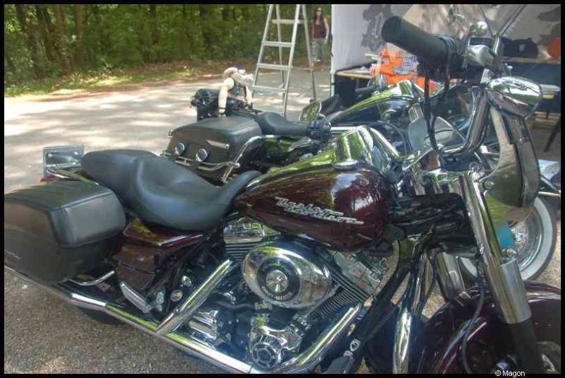 Темно-бордовый мотоцикл Harley-Davidson с хромированными деталями и багажниками на выставке