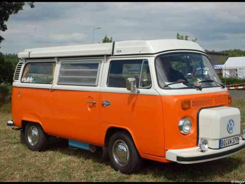 Luxbug 2010: оранжевый VW T2 с белым верхом на лужайке Люксембурга