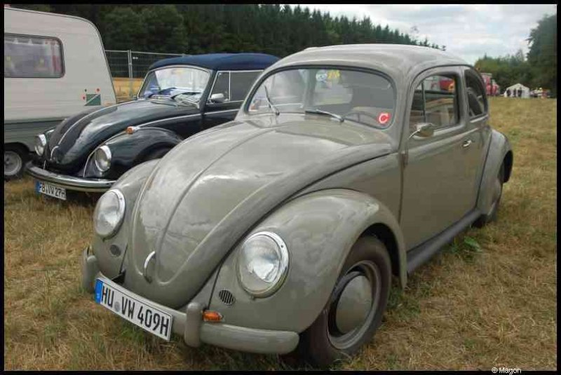 Luxbug 2010: серый Volkswagen Type 1 и чёрный кабриолет на сухой лужайке