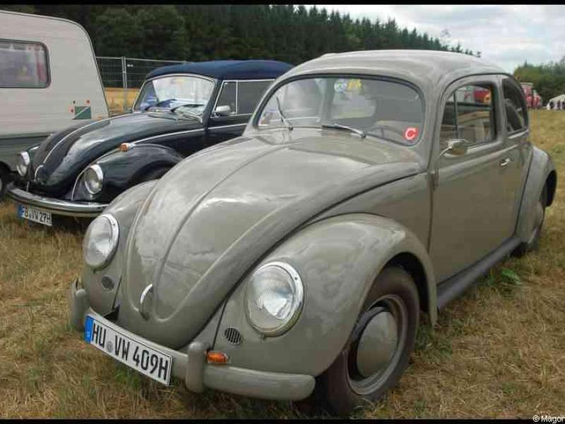 Luxbug 2010: серый Volkswagen Type 1 и чёрный кабриолет на сухой лужайке