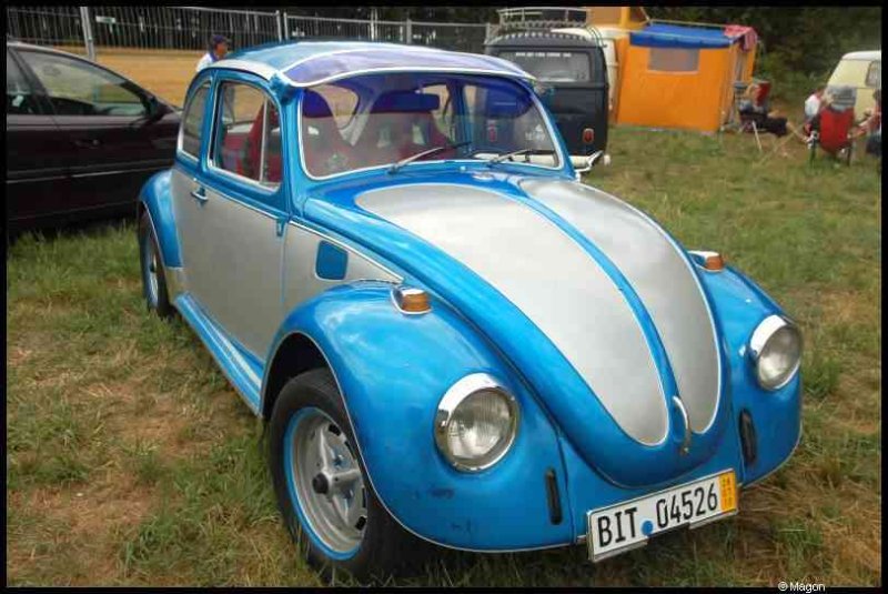 Luxbug 2010: сине-серый Волксваген-Жук на лужайке в Люксембурге