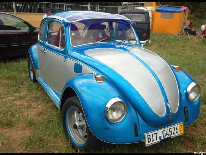 Luxbug 2010: сине-серый Волксваген-Жук на лужайке в Люксембурге