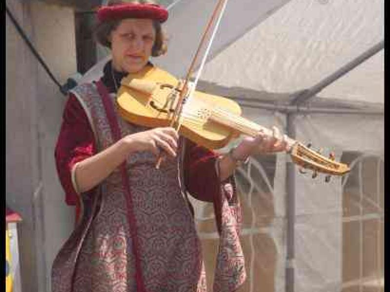 Medieval Festival Useldange, Люксембург: женщина в историческом костюме играет на струнном инструменте