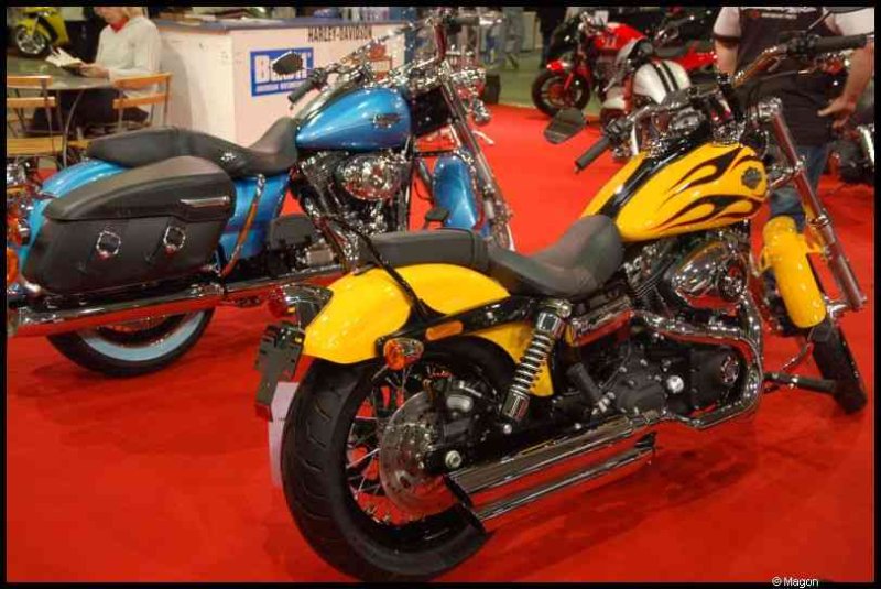 Motorshow 2010 в Люксембурге: желтый и синий Harley-Davidson на красном ковре