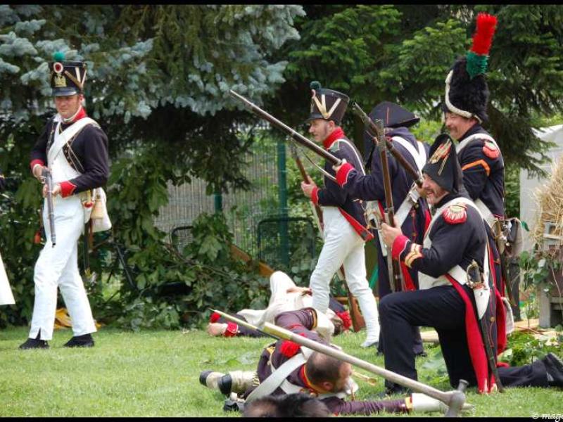 Napoleonic Bivouac в Люксембурге: солдаты в мундирах 1812 года на зелёной лужайке