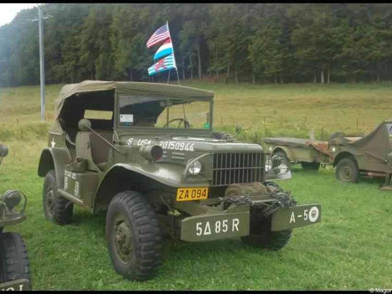 Septfontaines Milcars, Люксембург: зелёный джип с флагами на фоне леса