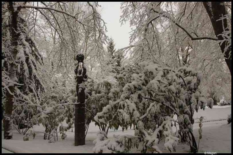 Снег в Люксембурге, 9 декабря 2010: скульптура среди заснеженных кустов