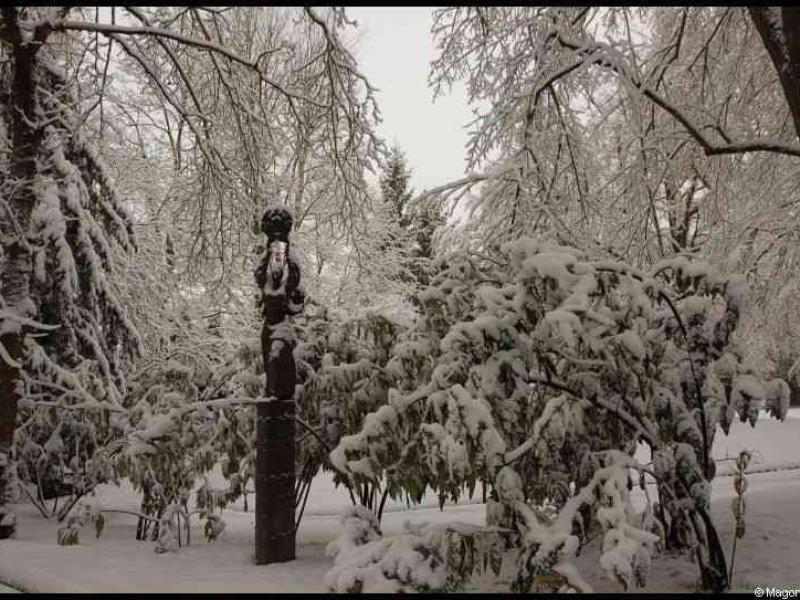 Снег в Люксембурге, 9 декабря 2010: скульптура среди заснеженных кустов